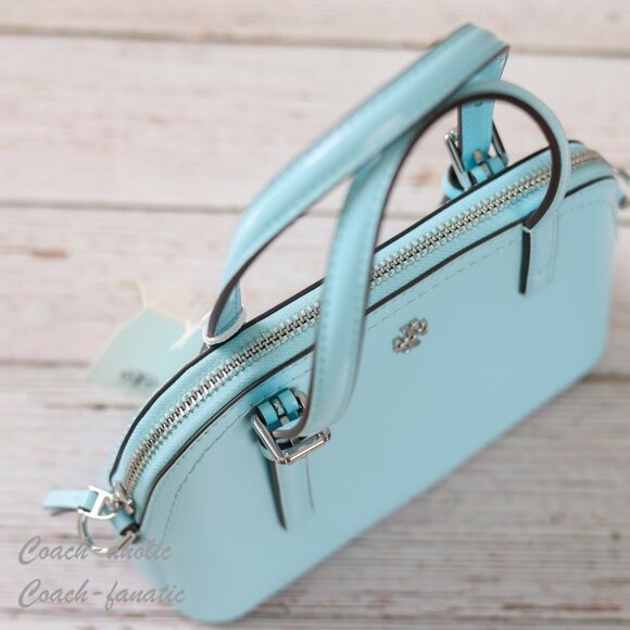 NWT Tory Burch Emerson Patent Leather Dome Satchel Crossbody in Light Celeste - Picture 10 of 11